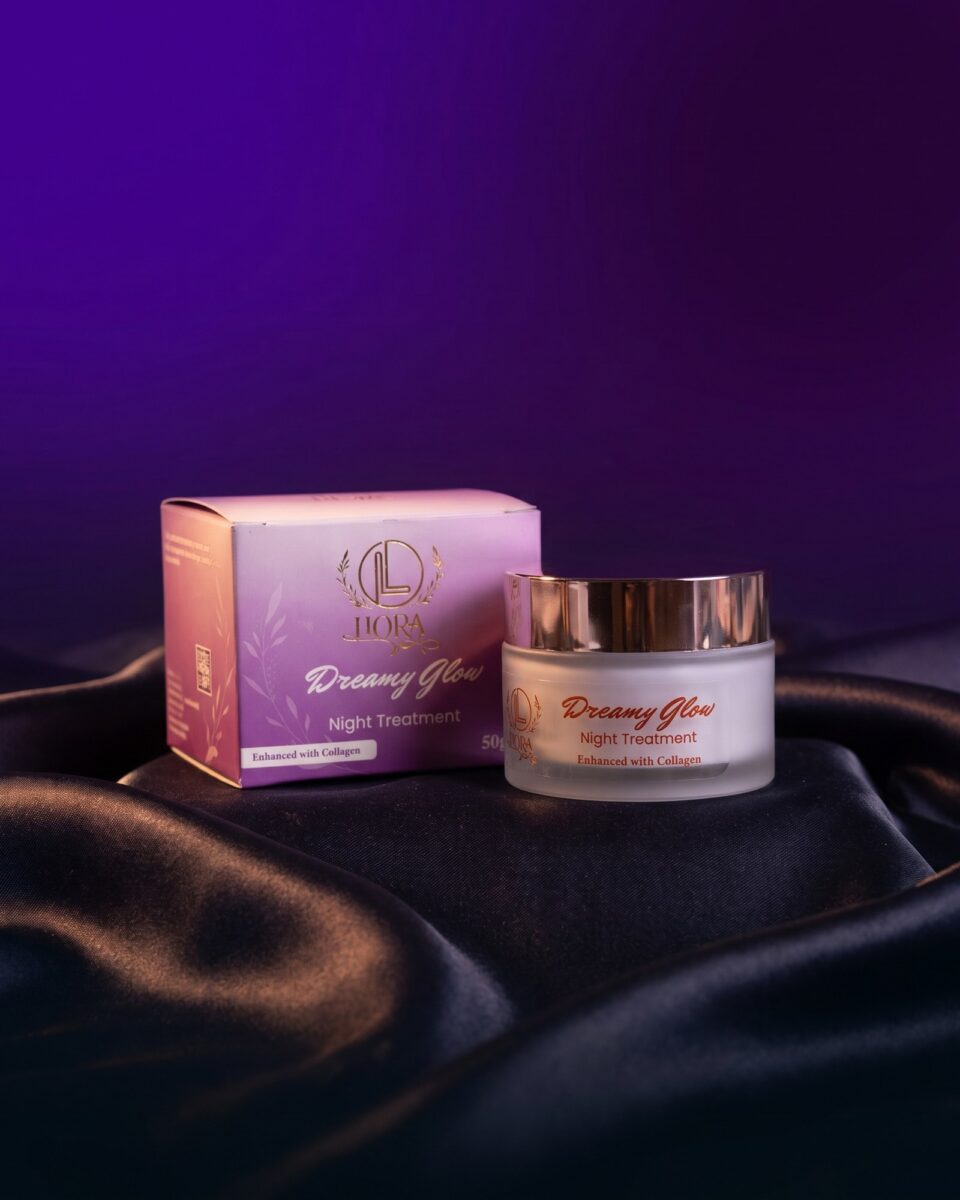 Dreamy Glow Night Treatment, box and jar on dark satin